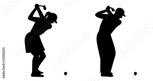 Golferin und Golfer mit Golfball beim Abschlag / schwarz-weiß / Flat Design / Vektor / Icon