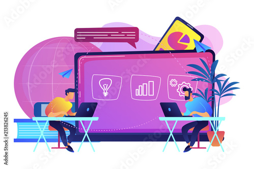 Students with laptops sitting behind interactive board with data. Digital, mobile, e-learning, flipped class, smart classroom. Modern education and virtual learning concept. Vector illustration.