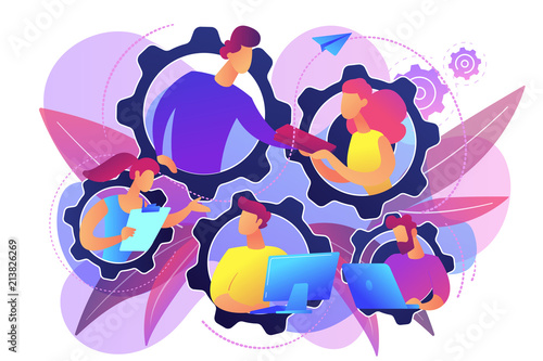 IT team members working as one mechanizm. Dedicated team - software development professionals engaged to the IT project. Business model in IT concept. Violet palette. Vector illustration