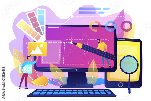 Designers are working on the desing of web page. Web design, User Interface UI and User Experience UX content organization. Web design development concept. Violet palette. Vector illustration photo