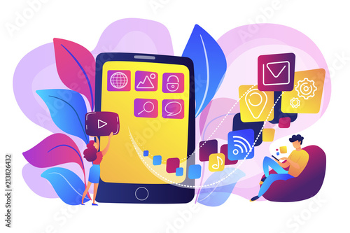 It professionals are creating mobile applications on the smartphone screen. Mobile app development, coding designing for smartphones or tablets concept. Violet palette. Vector illustration