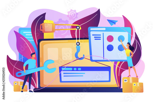 It professionals are creating web site on the laptop screen. Website development or web application, coding, designing for web browsers concept. Violet palette. Vector illustration on background