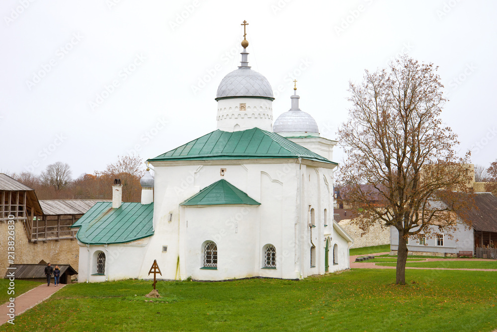 Medieval Nicholas Cathedral in Izborsk Fortress on a Cloudy Autumn Day