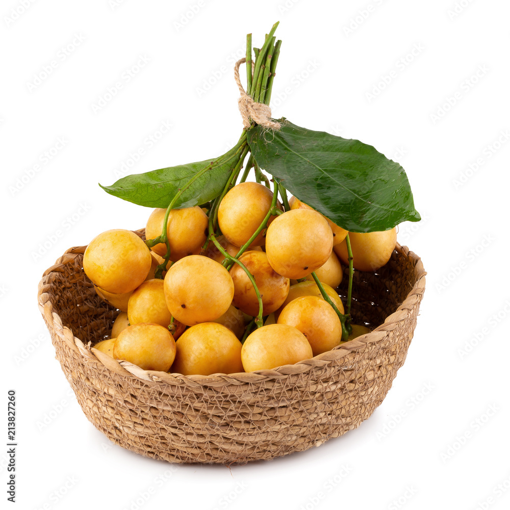 Rambeh tropical fruit with leaf isolated on white background