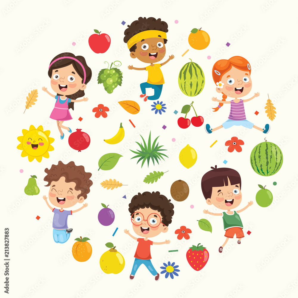 Vector Illustration Collection of Kids and Fruits Vector Illustration Collection of Kids and Fruits