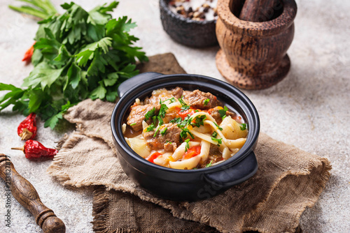 Traditional oriental uzbek soup lagman 