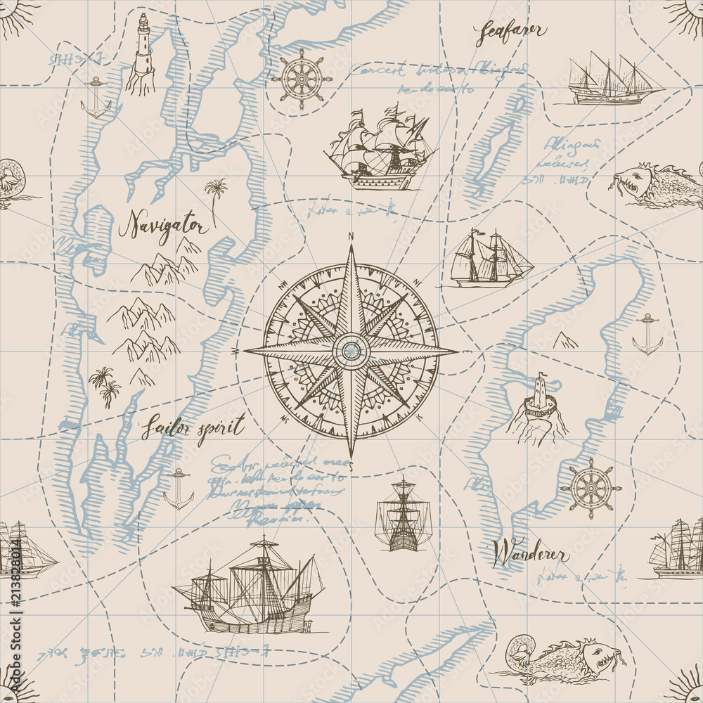 Fototapeta Vector abstract seamless background on the theme of travel, adventure and discovery. Old hand drawn map with vintage sailing yachts, wind rose, routs, nautical symbols and handwritten inscriptions