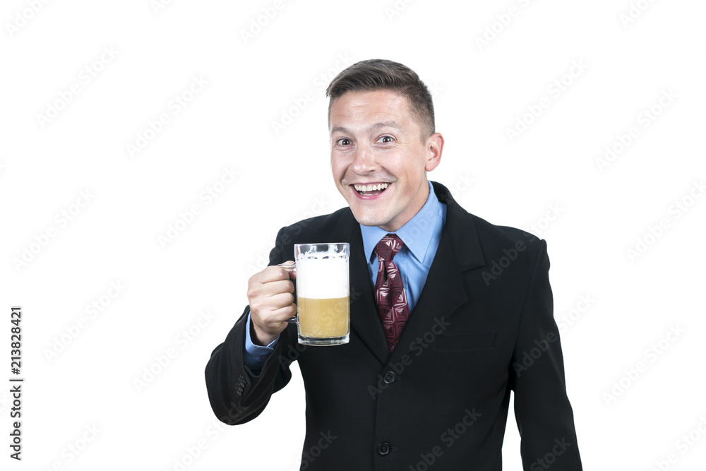 Businessman laughing and holding a mug with foam beer in hand, isolated on white background Businessman laughing and holding a mug with foam beer in hand, isolated on white background