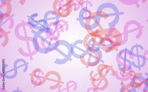 Multicolored translucent dollar signs on white background. Red tones. 3D illustration