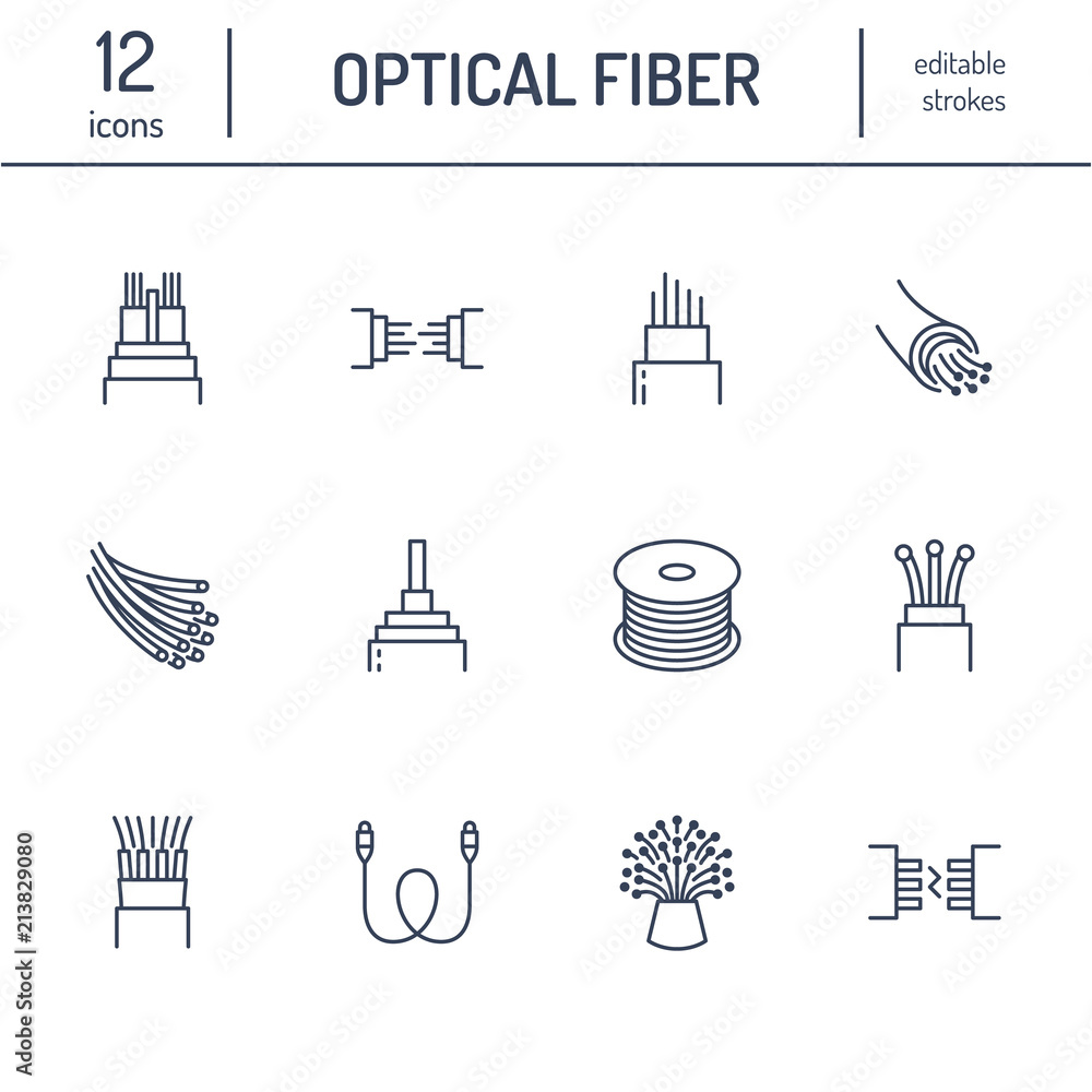 Optical fiber flat line icons. Network connection, computer wire, cable bobbin, data transfer. Thin signs for electronics store, internet services. Editable Strokes. - obrazy, fototapety, plakaty 
