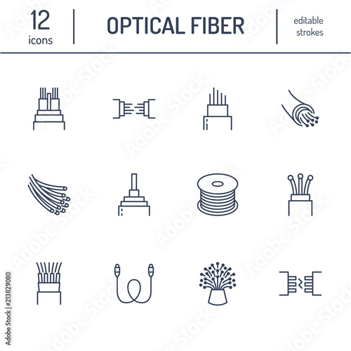 Optical fiber flat line icons. Network connection, computer wire, cable bobbin, data transfer. Thin signs for electronics store, internet services. Editable Strokes.