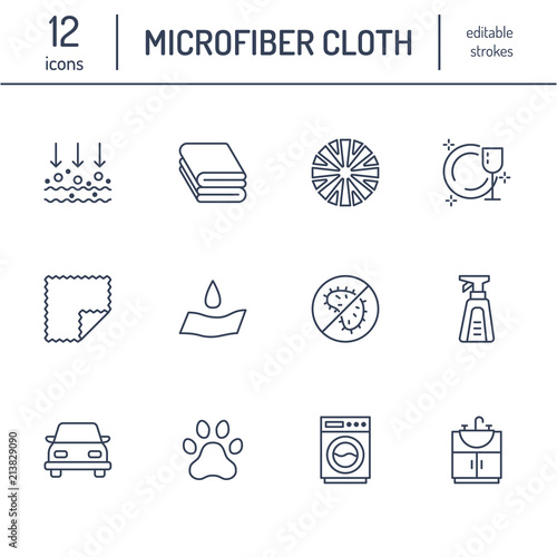 Microfiber cloth properties flat line icons. Absorbing material, dust cleaning, washable, antibacterial, clean detergent illustrations. Thin signs for napkin package. Editable Strokes.