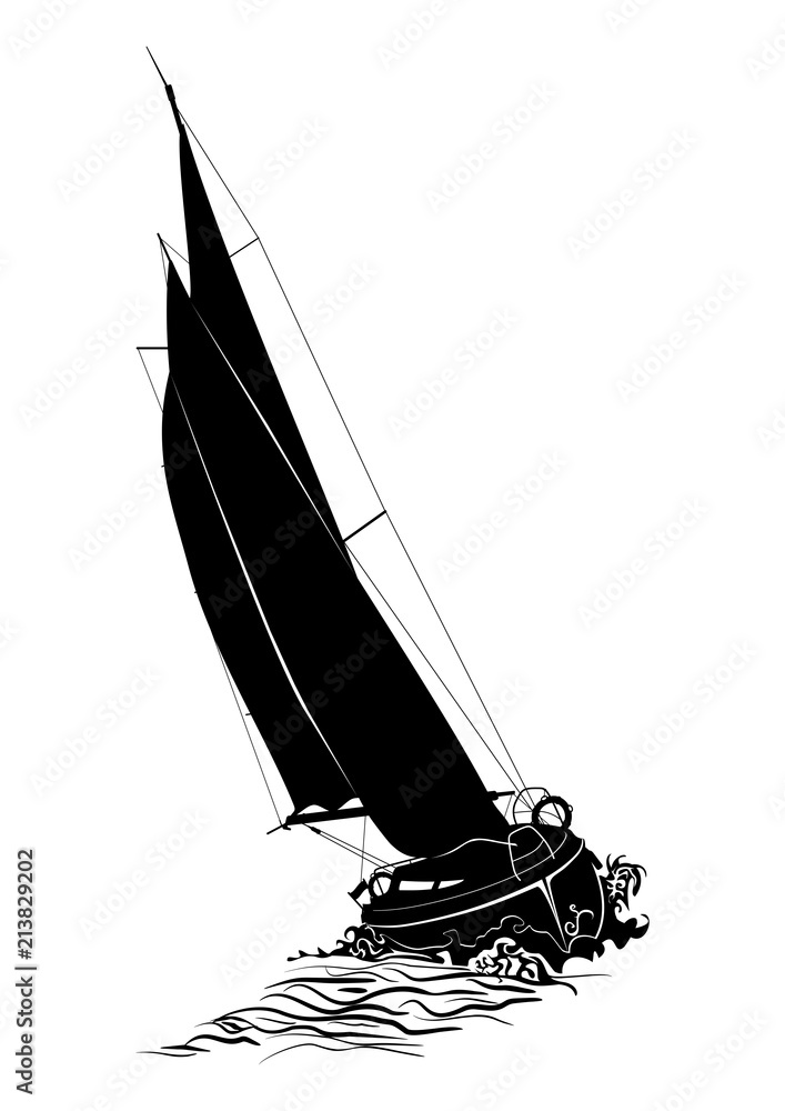 Fototapeta premium Sailing boat. Silhouette of a sailboat on the sea. Flat vector.