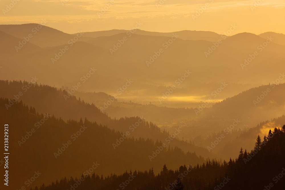Mountains covered with woods in the early morning light