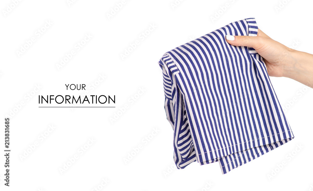 A blue white stripe dress cloth in hand clothes fabric pattern on white background isolation A blue white stripe dress cloth in hand clothes fabric pattern on white background isolation