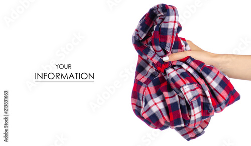 Crumpled shirt in a cage in hand pattern on a white background isolation