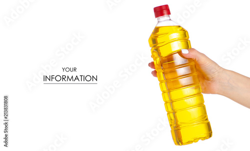 Bottle of sunflower oil in hand pattern on white background isolation