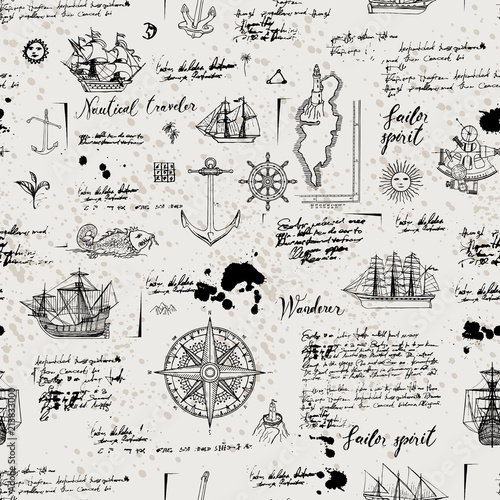 Vector abstract seamless background on the theme of travel, adventure and discovery. Old manuscript with caravels, wind rose, anchors and other nautical symbols with blots and stains in vintage style