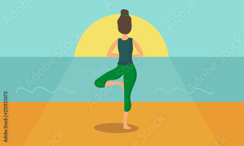 Woman acts yoga silhouetted against the sunrise. Simple flat Vector illustration.