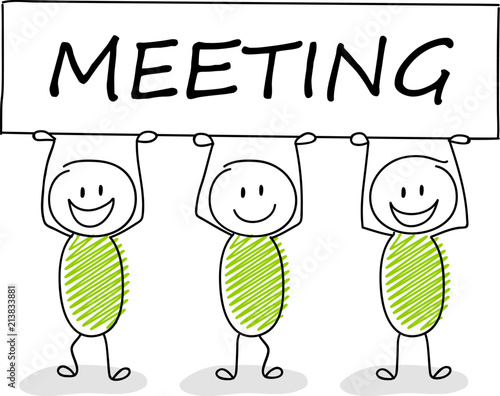 Element for presentation. Stickmen holding a banner with text: meeting. Vector.