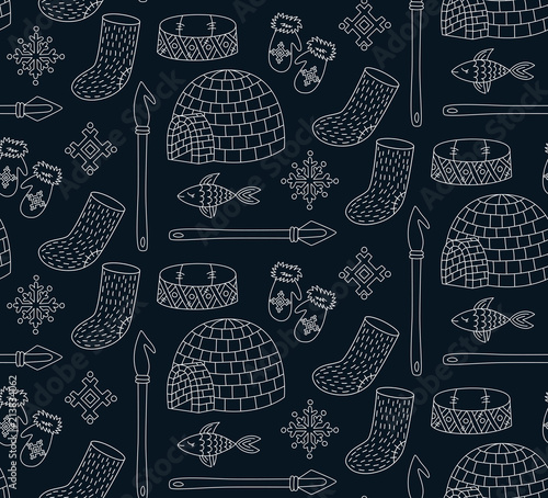 Arctic eskimo north pole doodle line seamless vector pattern