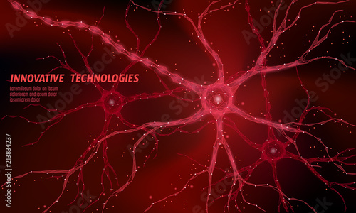 Human neuron low poly anatomy concept. Artificial neural network technology science medicine cloud computing. AI 3D abstract biology system. Polygonal red glowing vector illustration