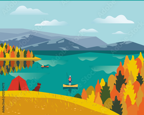 Autumn nature landscape. Colorful cartoon. Fall season leisure banner background. Fishermen on calm river water, dog on yellow autumn hill. Alps mountain valley lake view. Outdoors vector Illustration