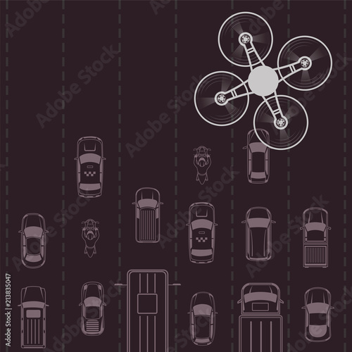 Vector dark road and drone