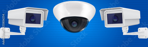 Security camera set. Wall and ceiling mount CCTV surveillance system on blue background