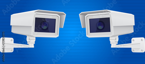 Security camera set. CCTV surveillance system on blue background