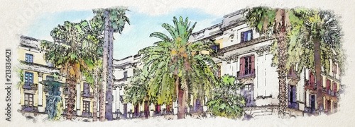 Photography Artwork Palm trees in an old courtyard