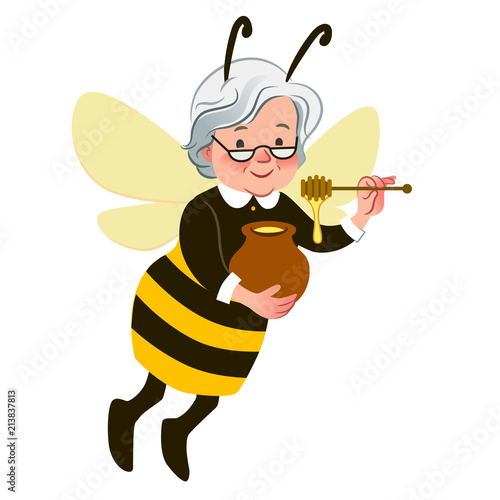 Cute smiling human-like grandma bee holding honey pot and dipper, contemporary flat style. Healthy natural organic honey, beekeeping, bee farming, dessert theme. Elderly woman dressed up as honey bee.