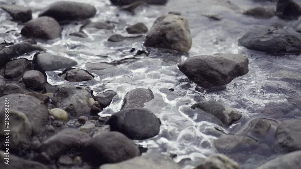 Pan shot over rocks with ice at a lake in winter. Pan shot over rocks with ice at a lake in winter.