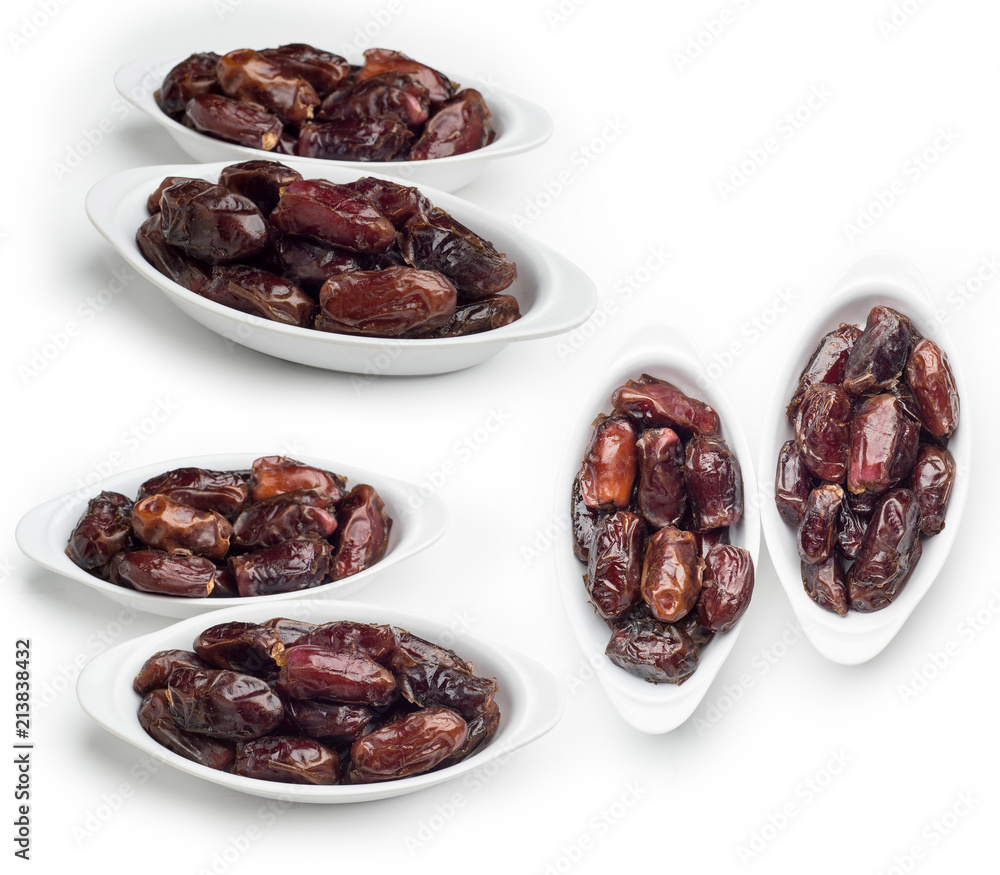 Bowl of dates isolated on white background, Set of Dates fruit shot in different angles, Clipping path included. Bowl of dates isolated on white background, Set of Dates fruit shot in different angles, Clipping path included.