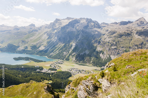 Sils, Sils Maria, Silsersee, Bergsee, Wanderweg, Furtschellas, Wasserweg, Piz Lagrev, Oberengadin, Alpen, Sommer, Graubünden, Schweiz