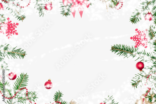 Christmas composition. Christmas decor, fir branch, toys, cones, star. Xmas, winter, new year concept. Flat lay, top view, copy space 