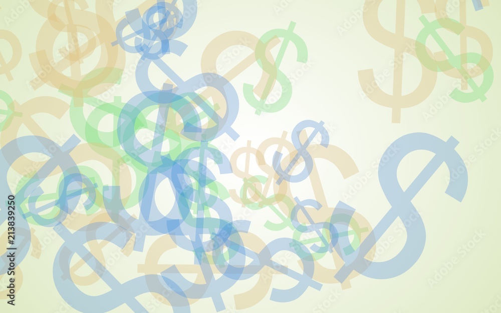 Multicolored translucent dollar signs on white background. Green tones. 3D illustration Multicolored translucent dollar signs on white background. Green tones. 3D illustration