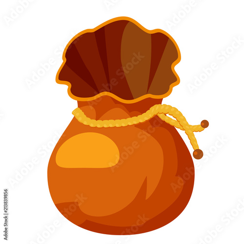 Vector illustration medieval purse, empty bag for gold and stack of golden coins. Brown leather bag icon, cartoon style, isolated