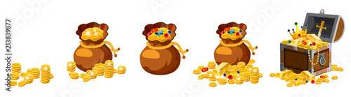 Set of old bags, purses, empty and full of gold, coins, brillants, treasures, chest, for gaming, applications, vector, isolated, cartoon style