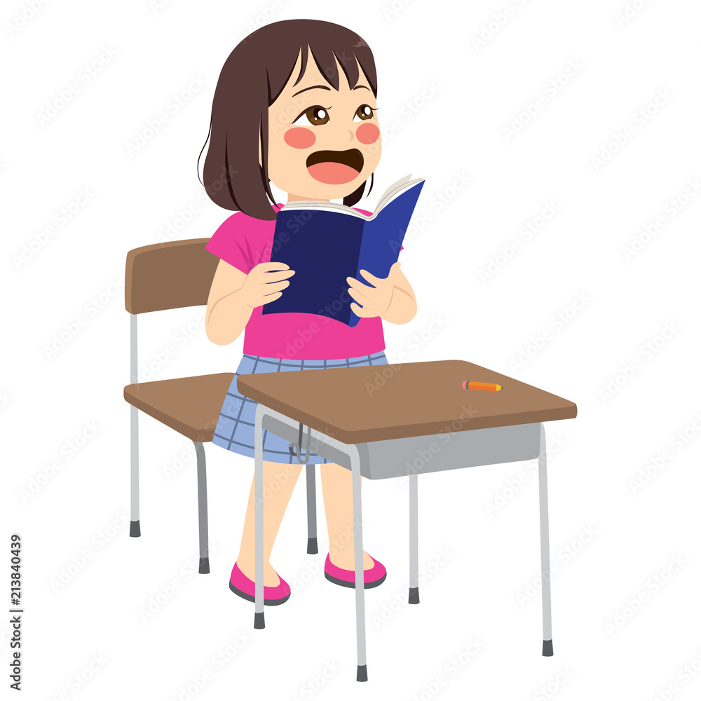 Cute little beautiful asian student girl reading in classroom standing holding book Cute little beautiful asian student girl reading in classroom standing holding book