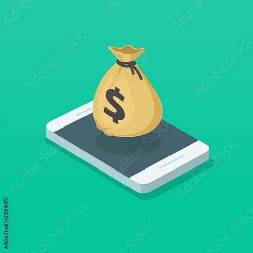 Money bag and mobile phone vector illustration, 3d isometric smartphone and cash bag, concept of electronic wallet app, money received, internet profit earnings, cellphone digital seal, win or prize