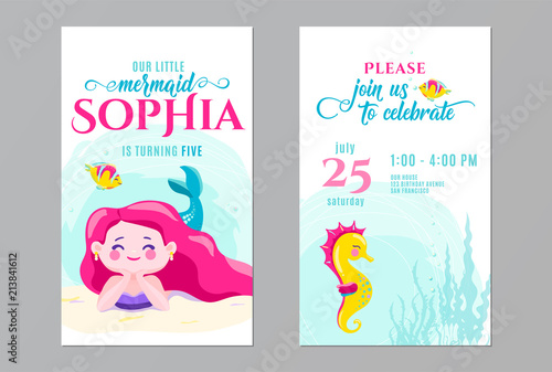 Mermaid birthday cute invite card design. Kids party anniversary. Front and back side