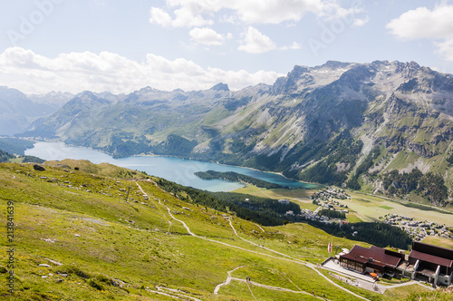 Cuadro en lienzo Sils, Sils Maria, Silsersee, Bergsee, Wanderweg, Furtschellas, Wasserweg, Bergba