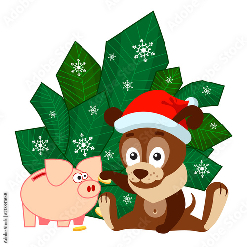 New year or Christmas greeting card with dog sitting in front of the branches and toss coins into a piggy bank-pig