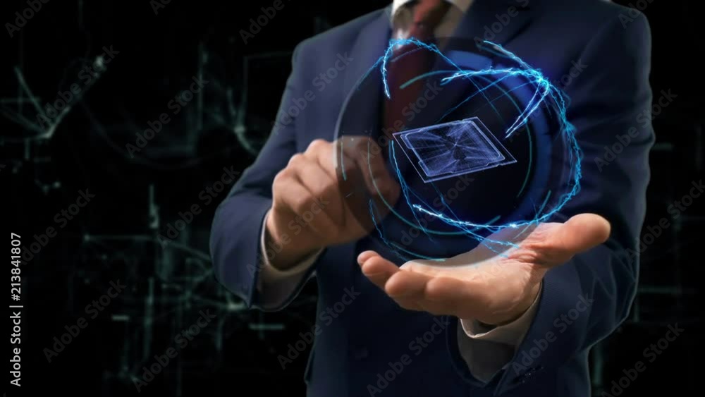 Businessman shows concept hologram 3d CPU on his hand. Man in business suit with future technology screen and modern cosmic background