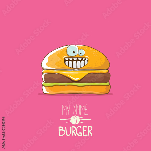 vector cartoon tiny burger character with cheese, meat and salad icon isolated on pink background. my name is burger vector concept illustration