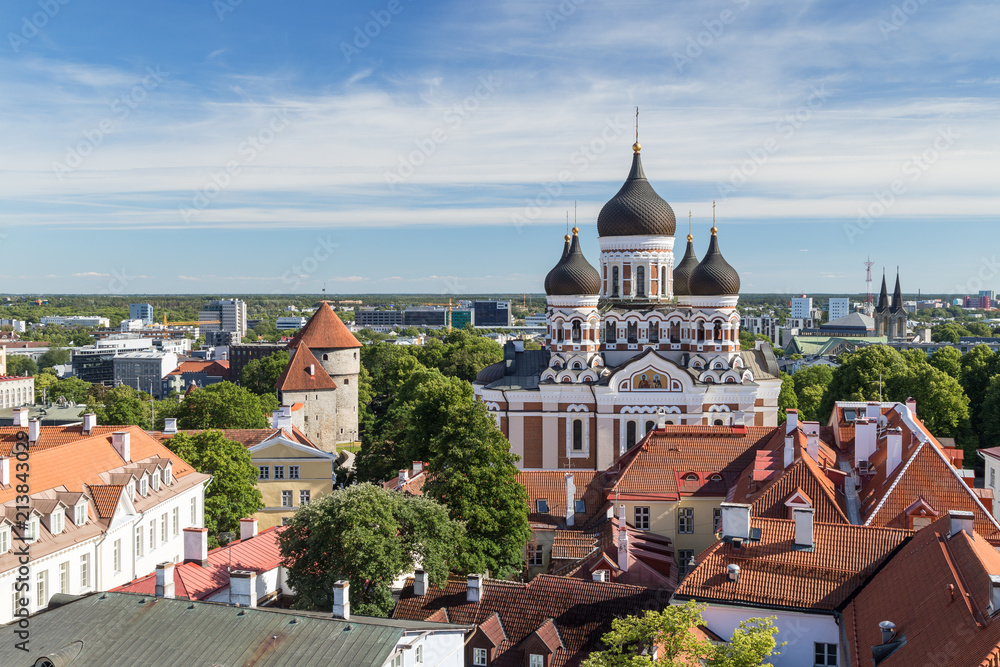 St. Alexander Nevsky Cathedral and other buildings at the Old Town in Tallinn, Estonia, viewed from above on a sunny day in the summer.