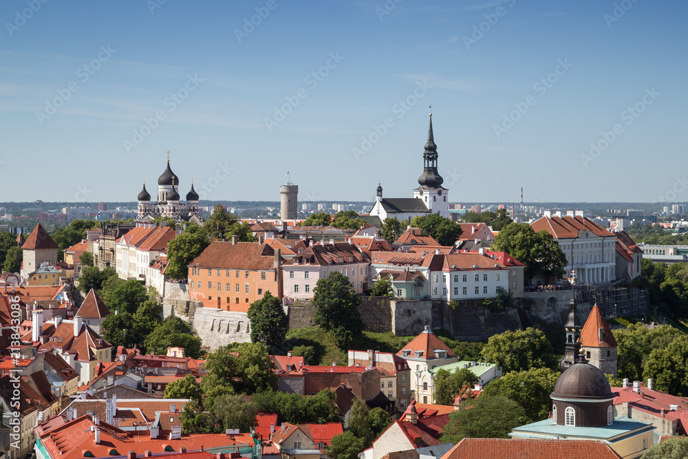 St. Alexander Nevsky Cathedral, St. Mary's Cathedral and other old buildings at the Old Town in Tallinn, Estonia, viewed from above on a sunny day in the summer.