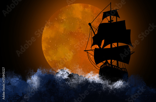 Silhouette of the ship against the background of the night starry sky and the big moon
