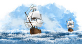 A ship with white sails on the waves of the sea, the ocean. Marine background, illustration of a ship. Discovery of America by Columbus.
